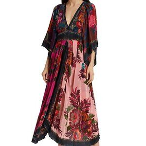 Farm Rio Flower Scarves Long Kimono-Sleeve Dress